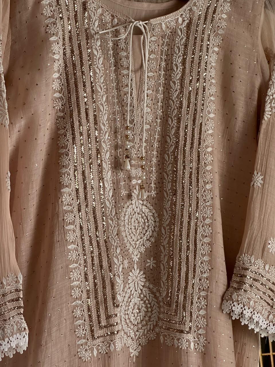 Light Beige Crush Mul Heavy Chikankari Yoke Kurta Set