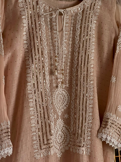 Light Beige Crush Mul Heavy Chikankari Yoke Kurta Set