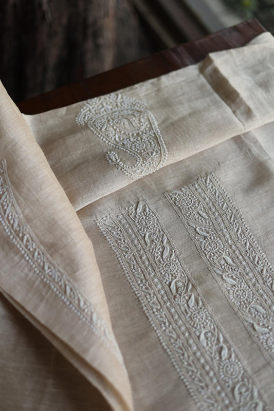 Light Beige Linen Chikankari Unstitched Men's Kurtas Fabric
