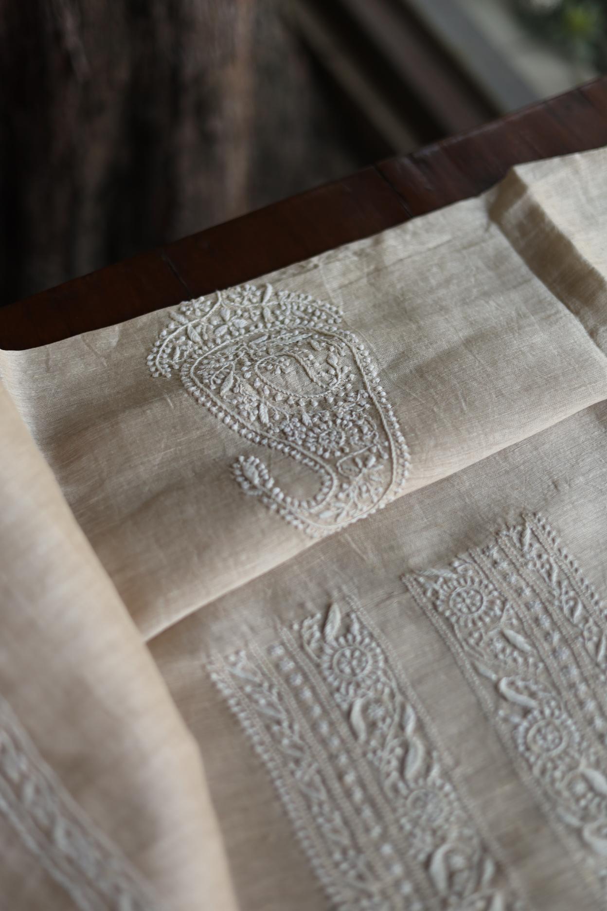 Light Beige Linen Chikankari Unstitched Men's Kurtas Fabric
