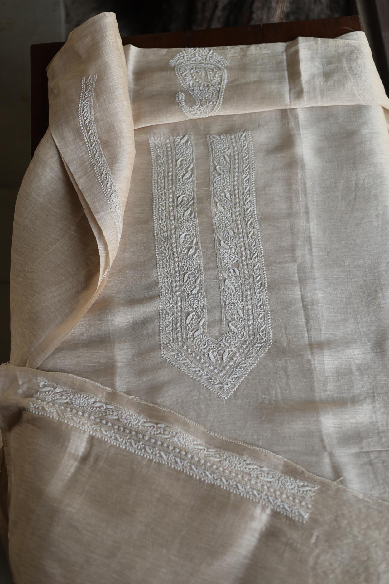 Light Beige Linen Chikankari Unstitched Men's Kurtas Fabric