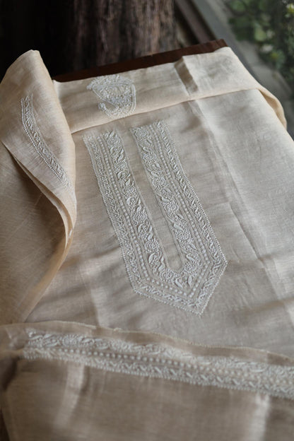 Light Beige Linen Chikankari Unstitched Men's Kurtas Fabric