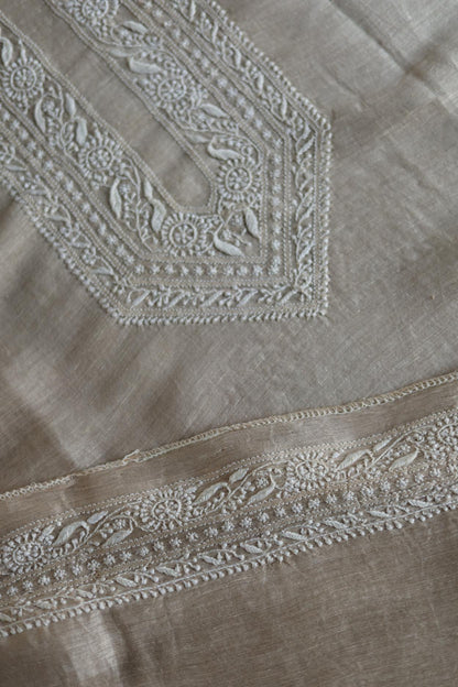 Light Beige Linen Chikankari Unstitched Men's Kurtas Fabric