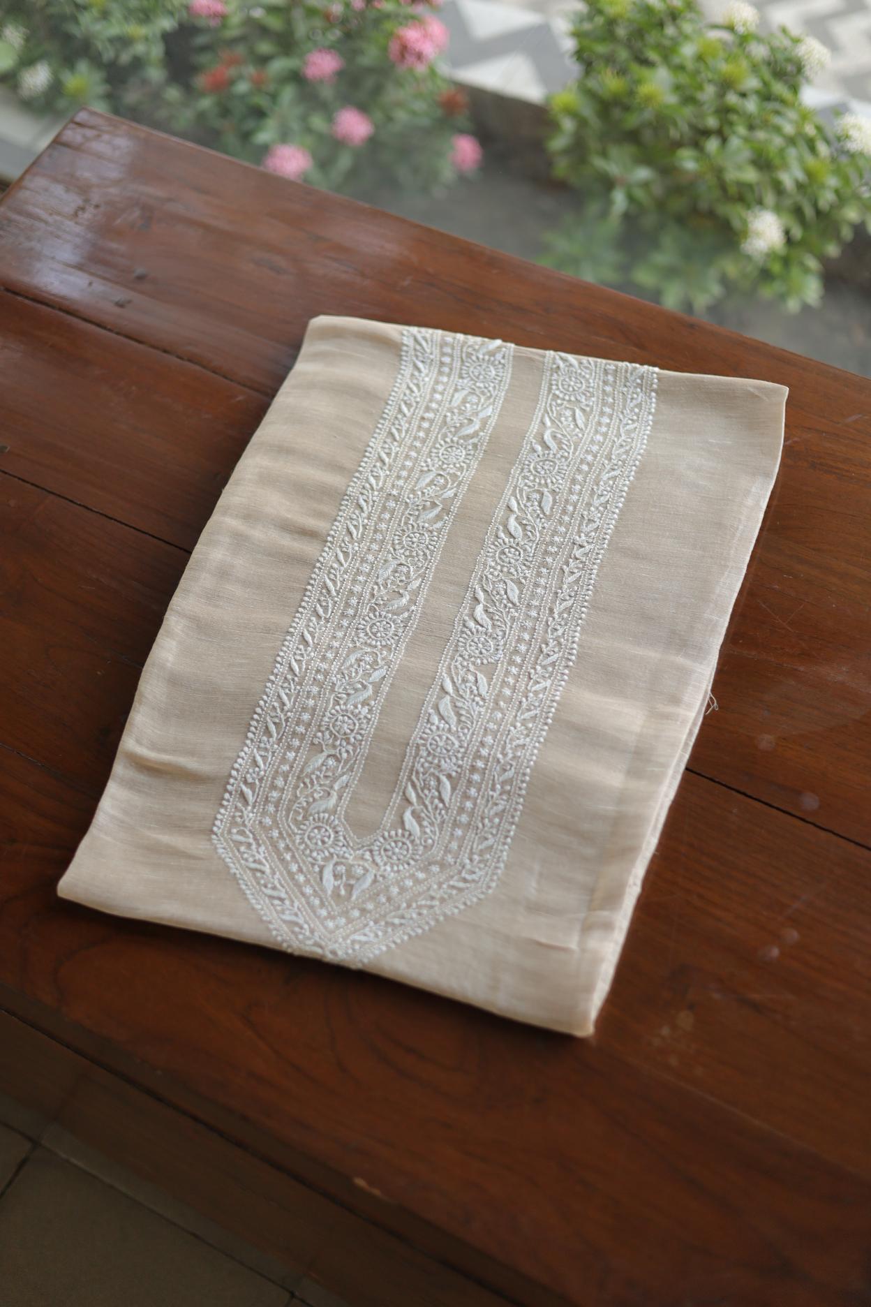 Light Beige Linen Chikankari Unstitched Men's Kurtas Fabric
