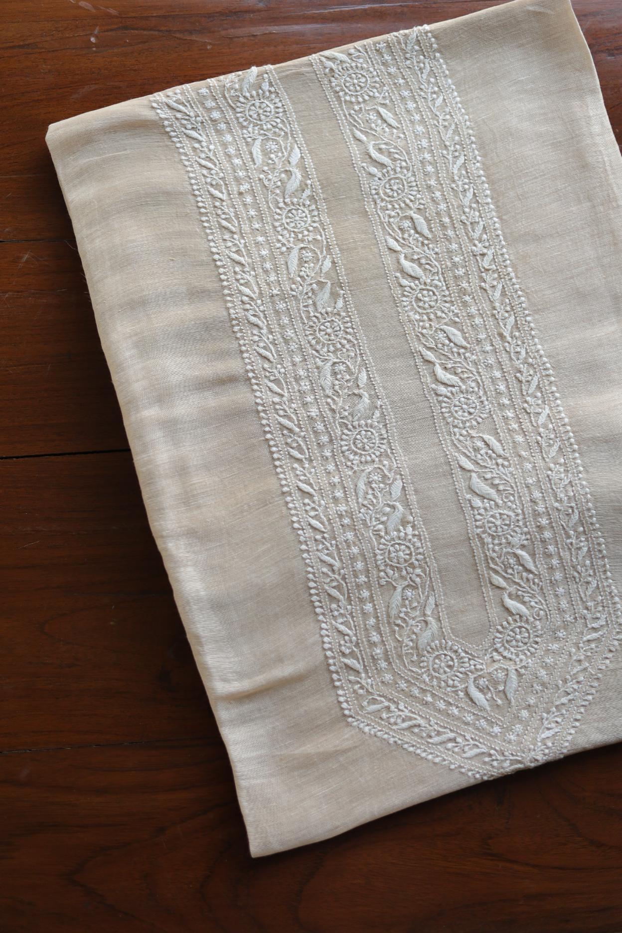 Light Beige Linen Chikankari Unstitched Men's Kurtas Fabric