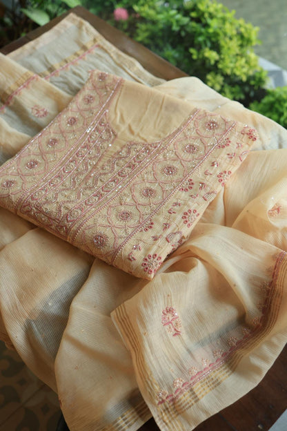 Light Beige Mal Chanderi Silk Chikankari With Sequins Unstitched Kurta Dupatta Set