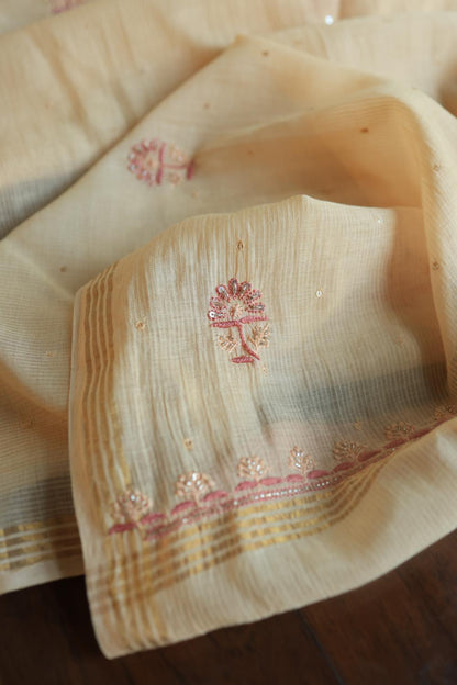 Light Beige Mal Chanderi Silk Chikankari With Sequins Unstitched Kurta Dupatta Set