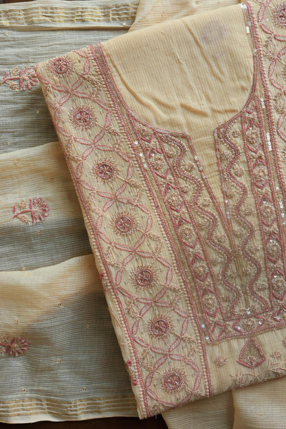 Light Beige Mal Chanderi Silk Chikankari With Sequins Unstitched Kurta Dupatta Set
