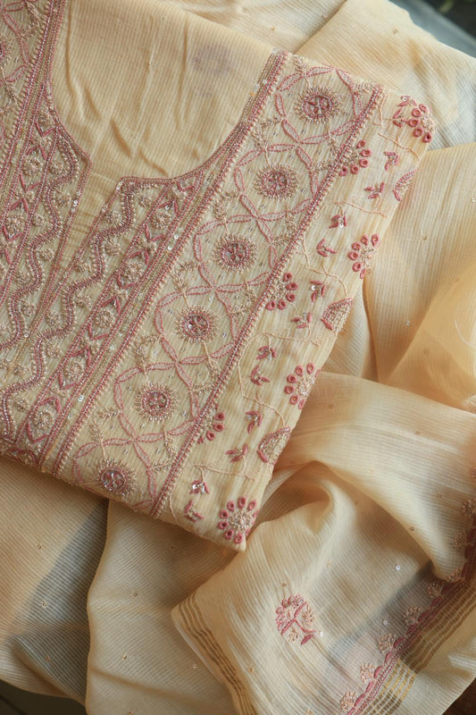 Light Beige Mal Chanderi Silk Chikankari With Sequins Unstitched Kurta Dupatta Set