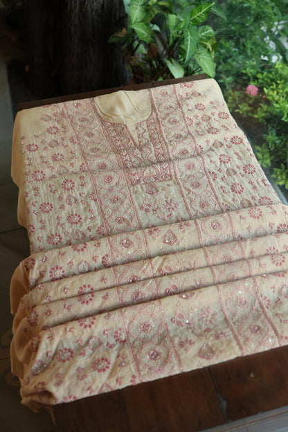 Light Beige Mal Chanderi Silk Chikankari With Sequins Unstitched Kurta Dupatta Set