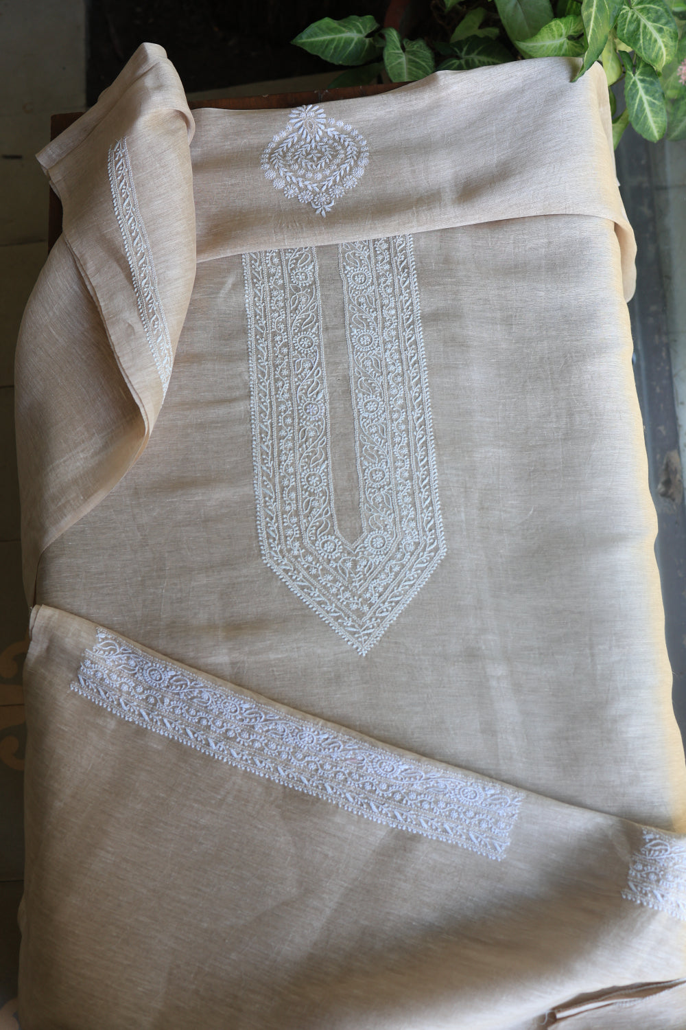 Light Beige Linen Chikankari Unstitched Men's Kurtas Fabric