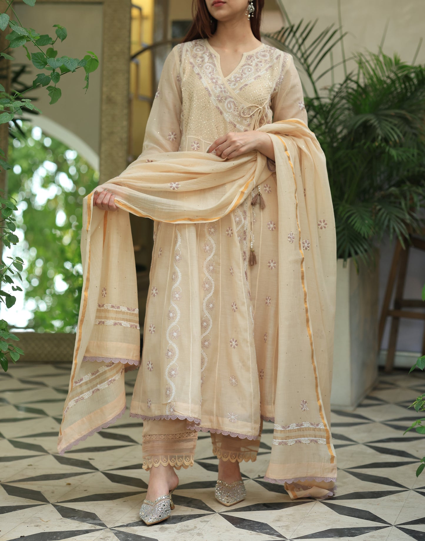 Light Beige Shade Malmal Mukaish Kamdani Chikankari Kalidar Angarkha