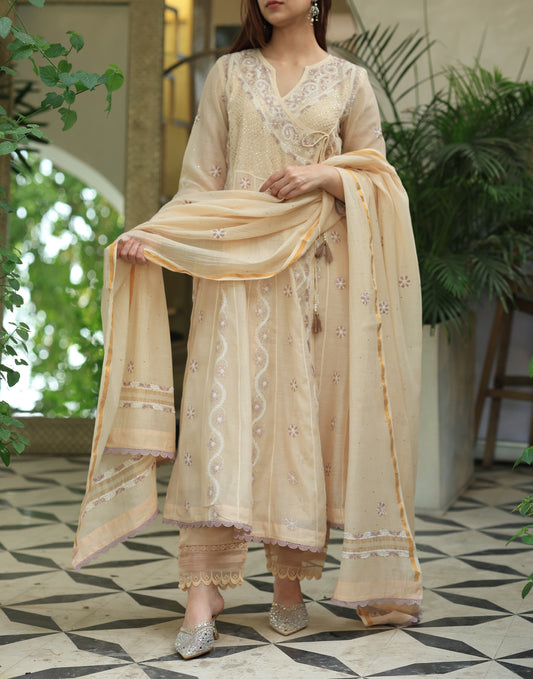 Light Beige Shade Malmal Mukaish Kamdani Chikankari Kalidar Angarkha