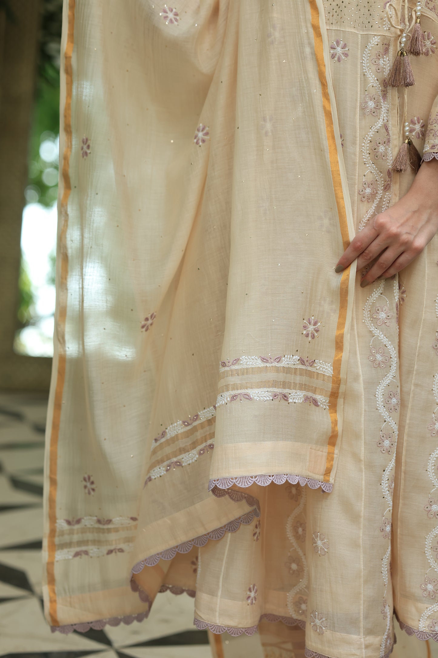 Light Beige Shade Malmal Mukaish Kamdani Chikankari Kalidar Angarkha
