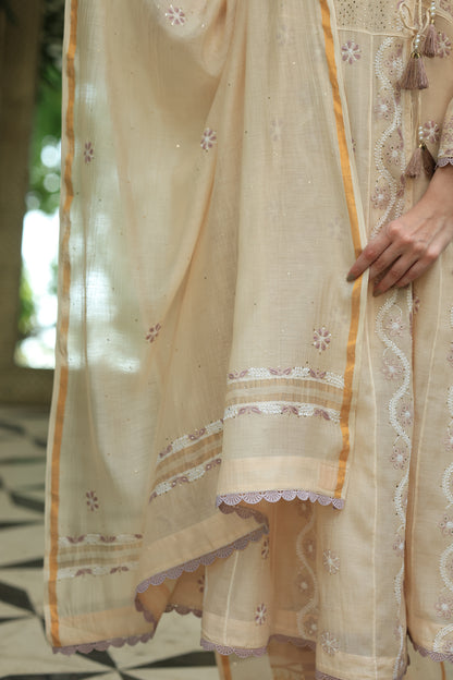 Light Beige Shade Malmal Mukaish Kamdani Chikankari Kalidar Angarkha