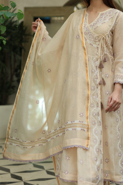 Light Beige Shade Malmal Mukaish Kamdani Chikankari Kalidar Angarkha
