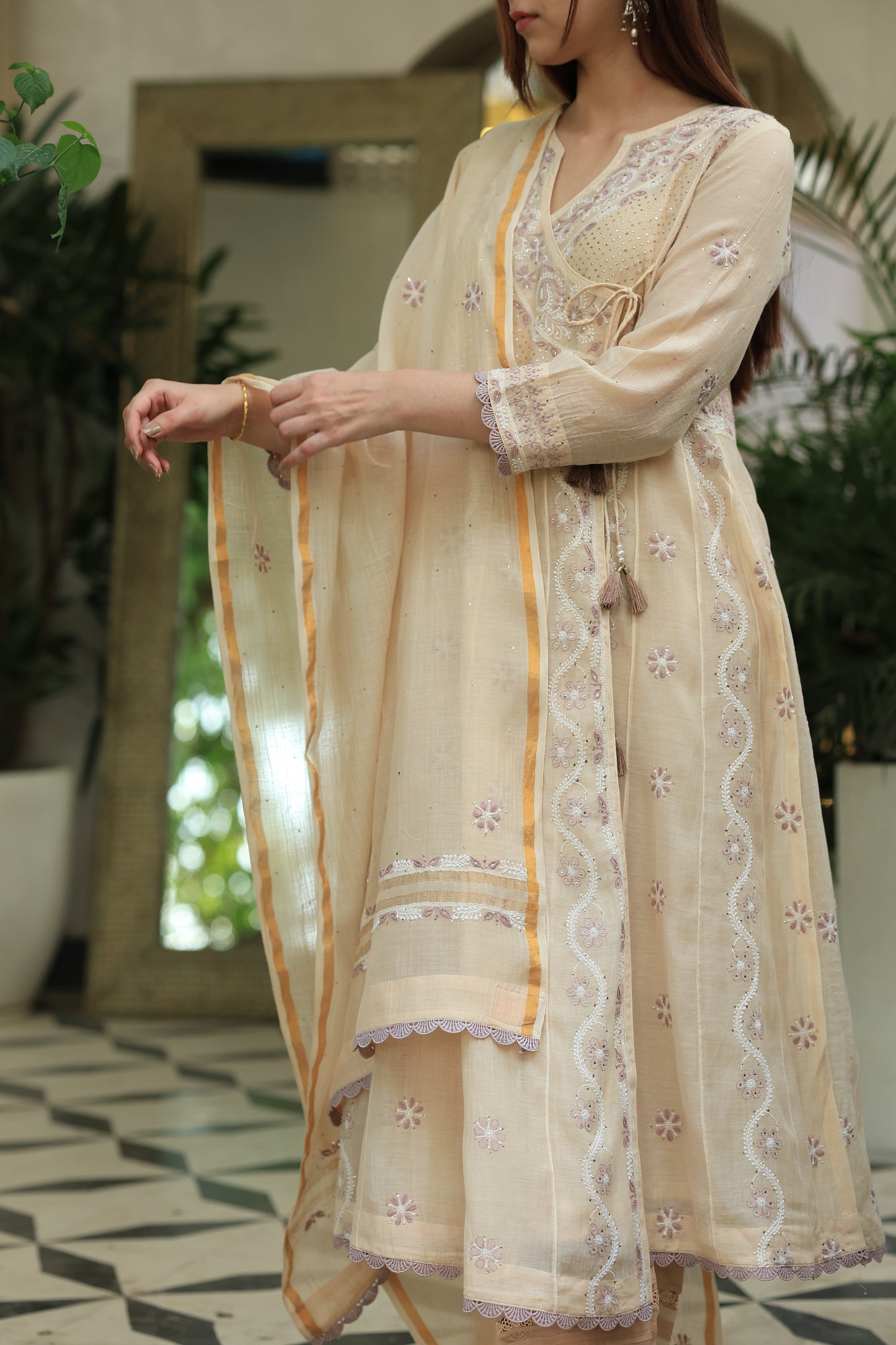 Light Beige Shade Malmal Mukaish Kamdani Chikankari Kalidar Angarkha