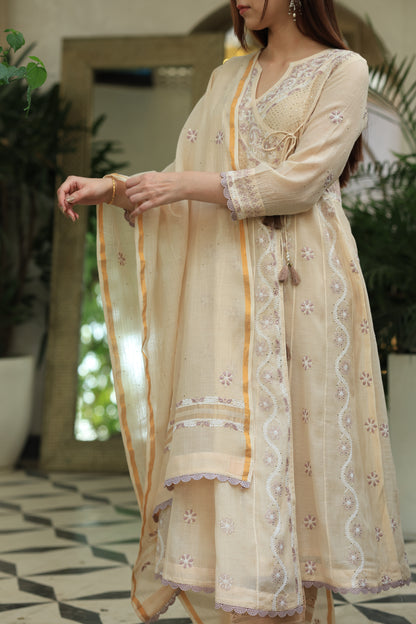 Light Beige Shade Malmal Mukaish Kamdani Chikankari Kalidar Angarkha