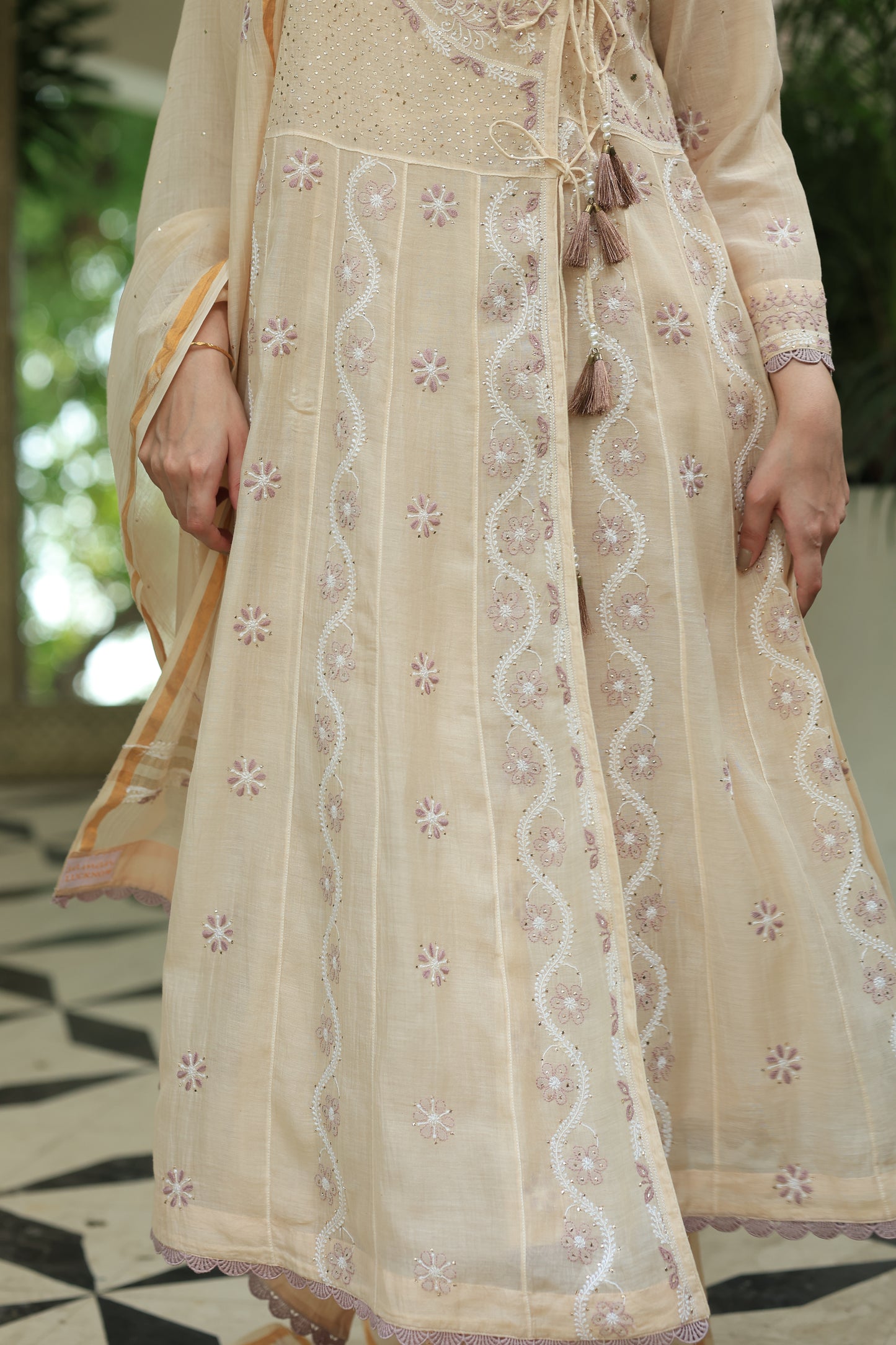 Light Beige Shade Malmal Mukaish Kamdani Chikankari Kalidar Angarkha