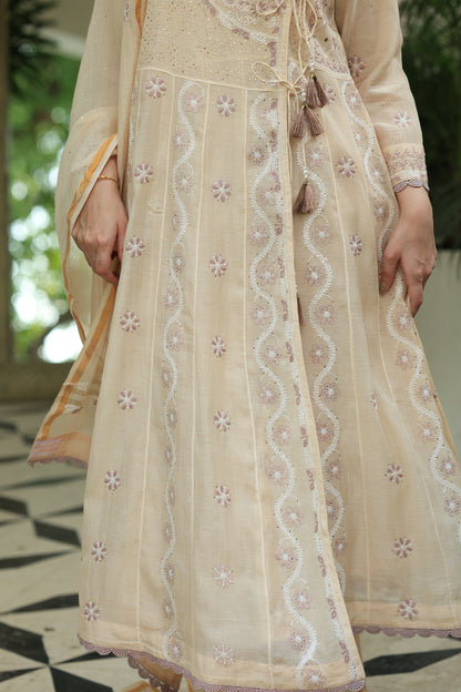 Light Beige Shade Malmal Mukaish Kamdani Chikankari Kalidar Angarkha