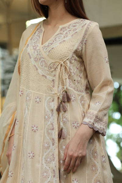 Light Beige Shade Malmal Mukaish Kamdani Chikankari Kalidar Angarkha