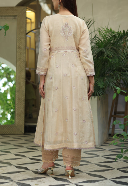 Light Beige Shade Malmal Mukaish Kamdani Chikankari Kalidar Angarkha