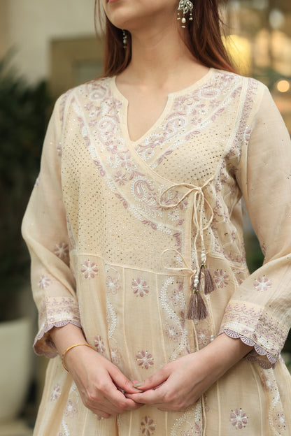 Light Beige Shade Malmal Mukaish Kamdani Chikankari Kalidar Angarkha