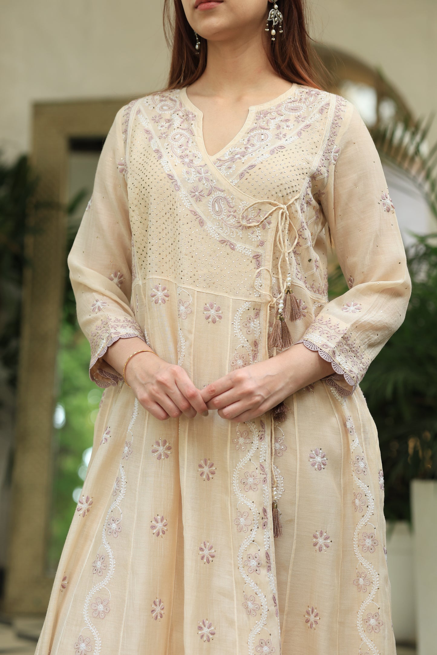 Light Beige Shade Malmal Mukaish Kamdani Chikankari Kalidar Angarkha