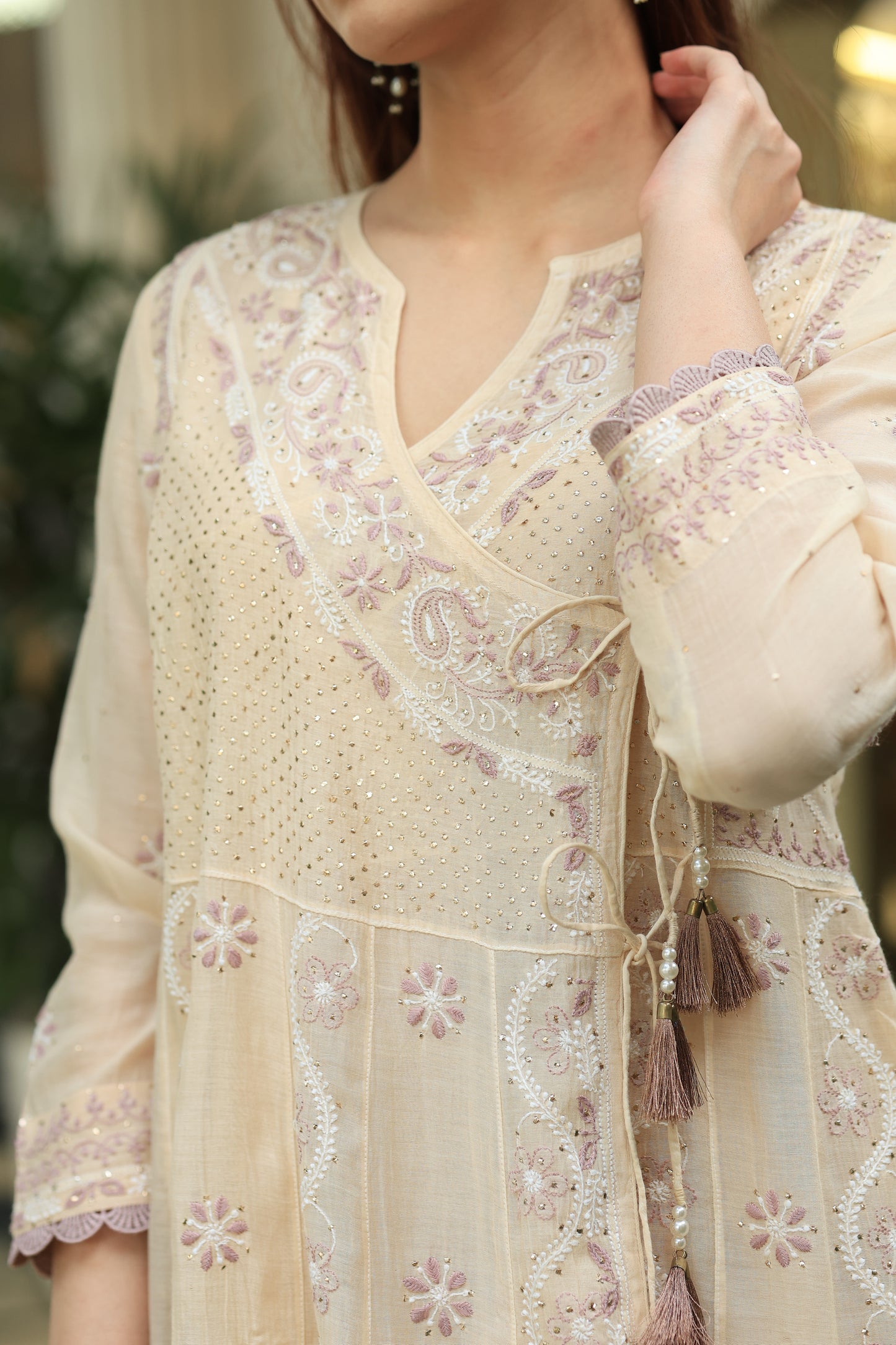 Light Beige Shade Malmal Mukaish Kamdani Chikankari Kalidar Angarkha