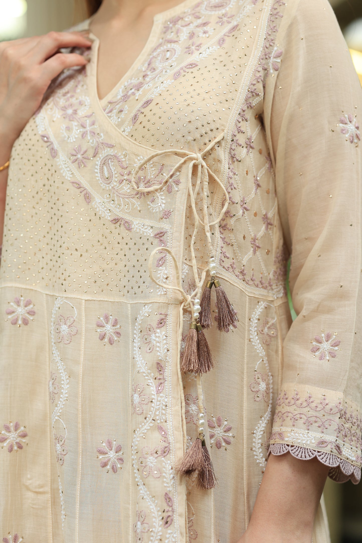 Light Beige Shade Malmal Mukaish Kamdani Chikankari Kalidar Angarkha