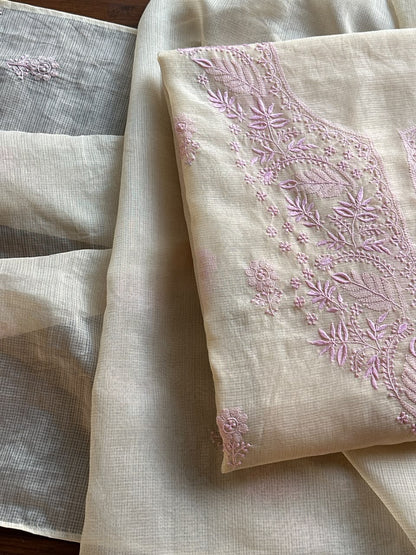 Light Beige & Pink Shade Kota Chikankari Unstitched Suit Fabric