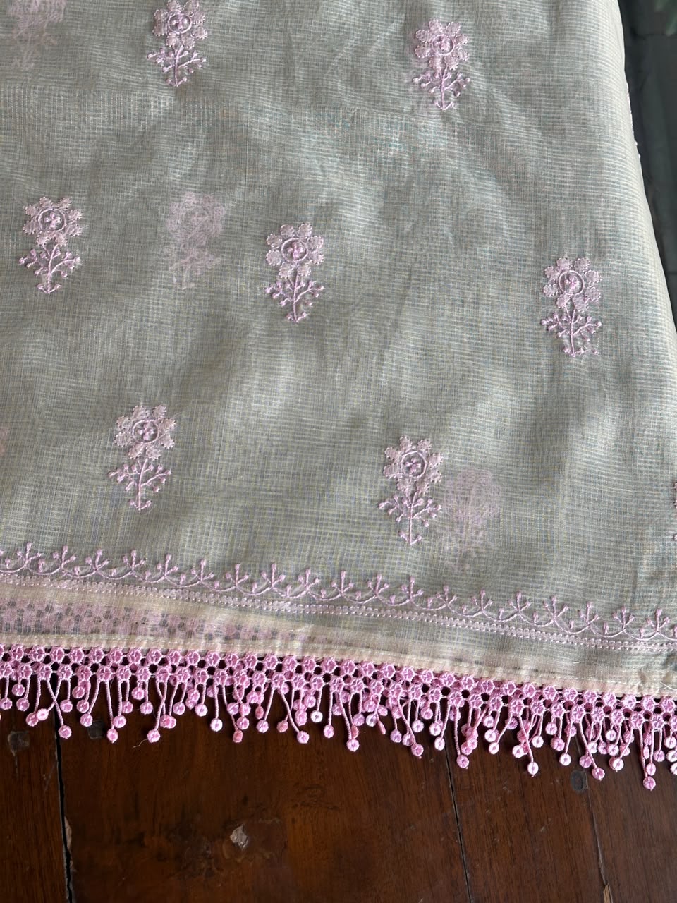 Light Beige & Pink Shade Kota Chikankari Unstitched Suit Fabric