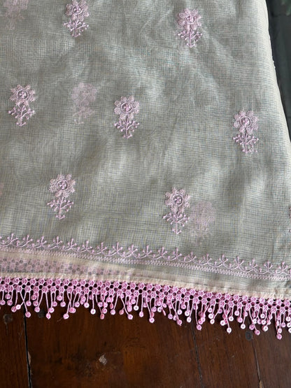 Light Beige & Pink Shade Kota Chikankari Unstitched Suit Fabric