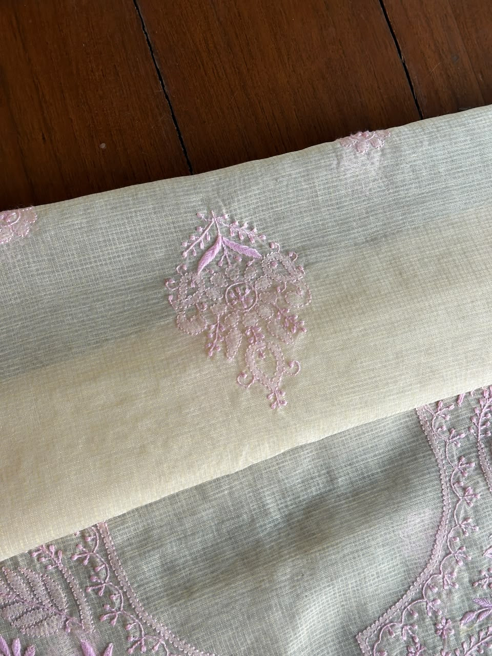 Light Beige & Pink Shade Kota Chikankari Unstitched Suit Fabric
