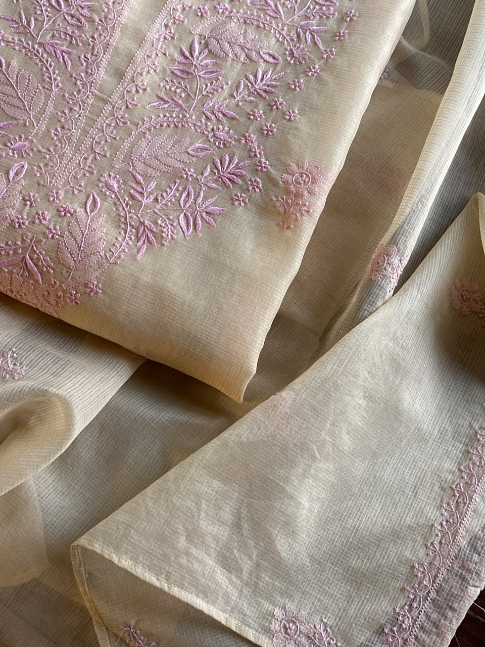 Light Beige & Pink Shade Kota Chikankari Unstitched Suit Fabric