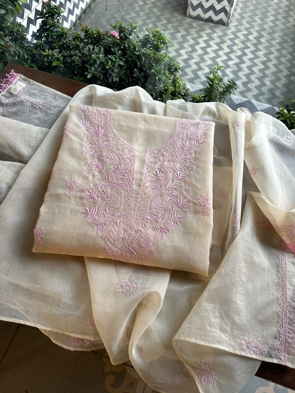 Light Beige & Pink Shade Kota Chikankari Unstitched Suit Fabric