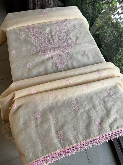 Light Beige & Pink Shade Kota Chikankari Unstitched Suit Fabric