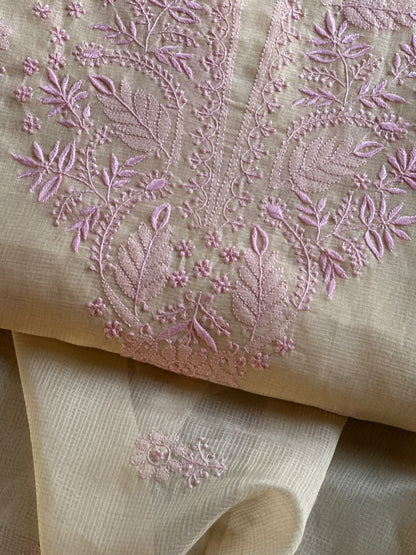 Light Beige & Pink Shade Kota Chikankari Unstitched Suit Fabric