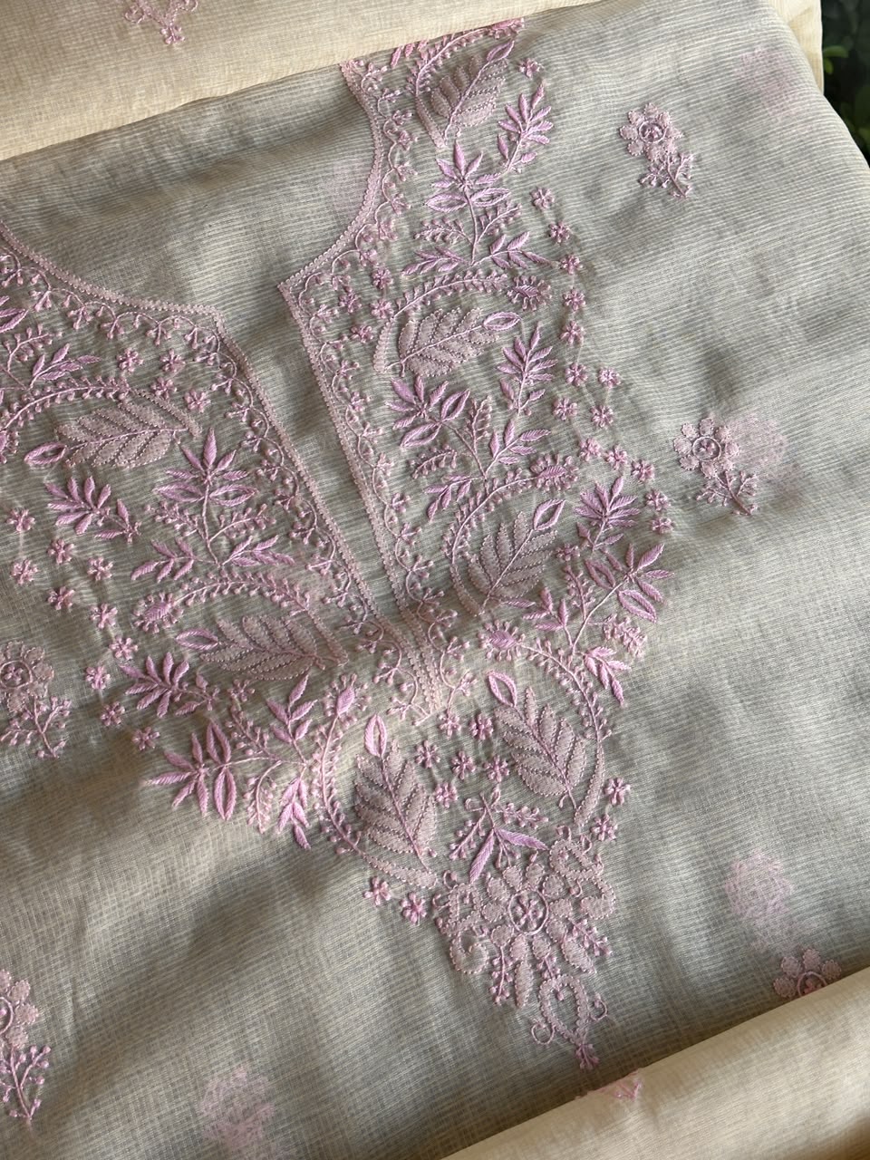 Light Beige & Pink Shade Kota Chikankari Unstitched Suit Fabric