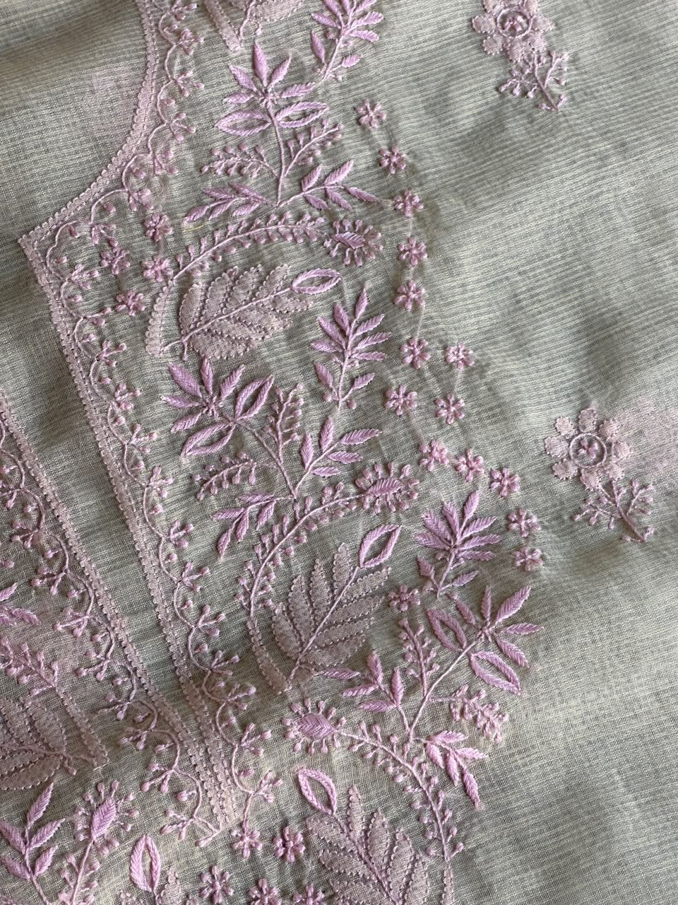 Light Beige & Pink Shade Kota Chikankari Unstitched Suit Fabric