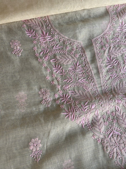 Light Beige & Pink Shade Kota Chikankari Unstitched Suit Fabric