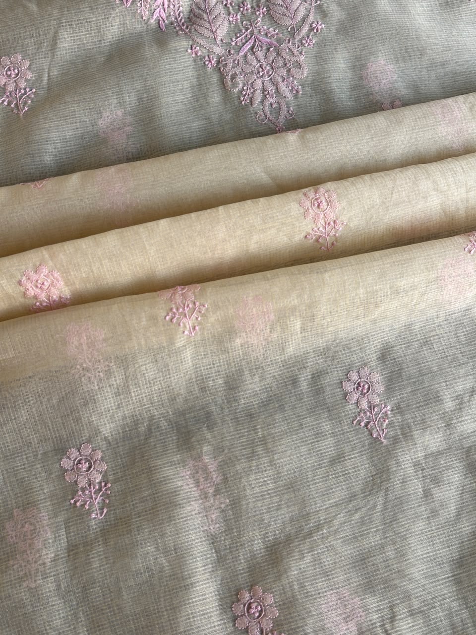 Light Beige & Pink Shade Kota Chikankari Unstitched Suit Fabric