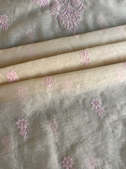 Light Beige & Pink Shade Kota Chikankari Unstitched Suit Fabric