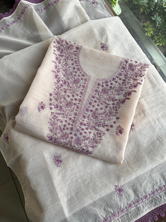 Light Beige & Wine Kota Chikankari Unstitched Fabrics