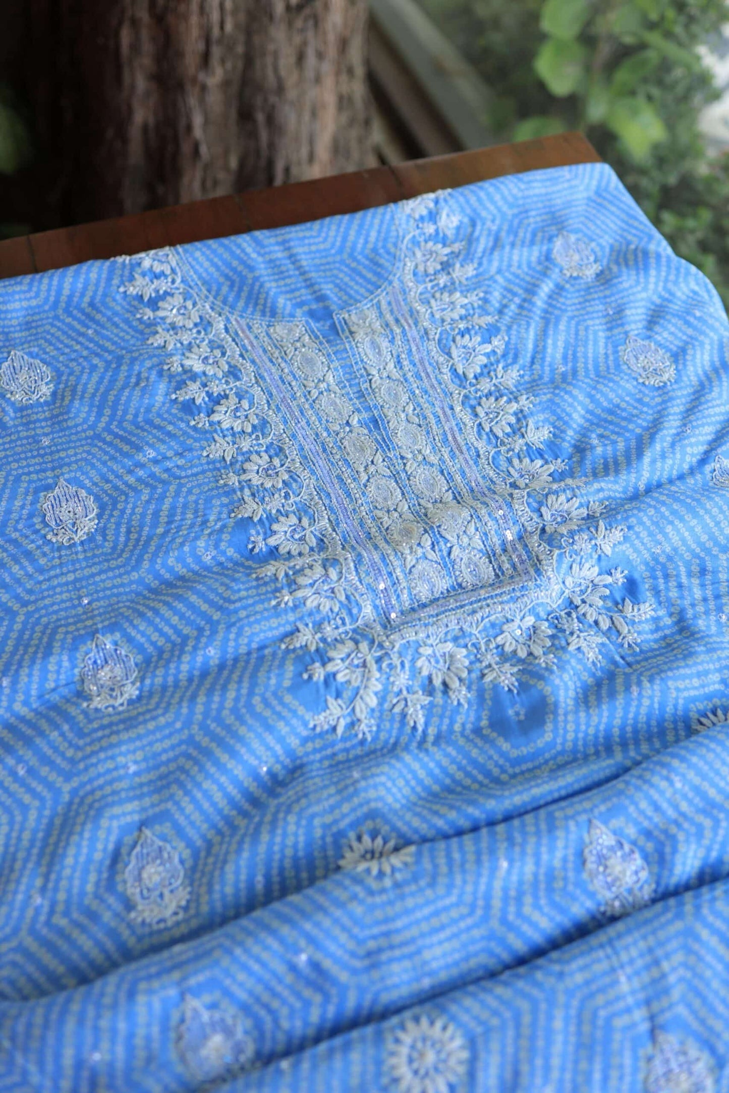 Light Blue Muslin Chikankari Kurta Fabric