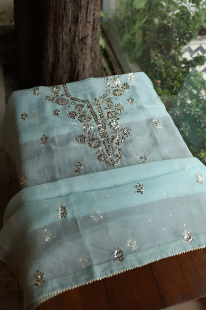 Light Blue Shade Noor Organza Silk Badla Unstitched Kurta Dupatta Set