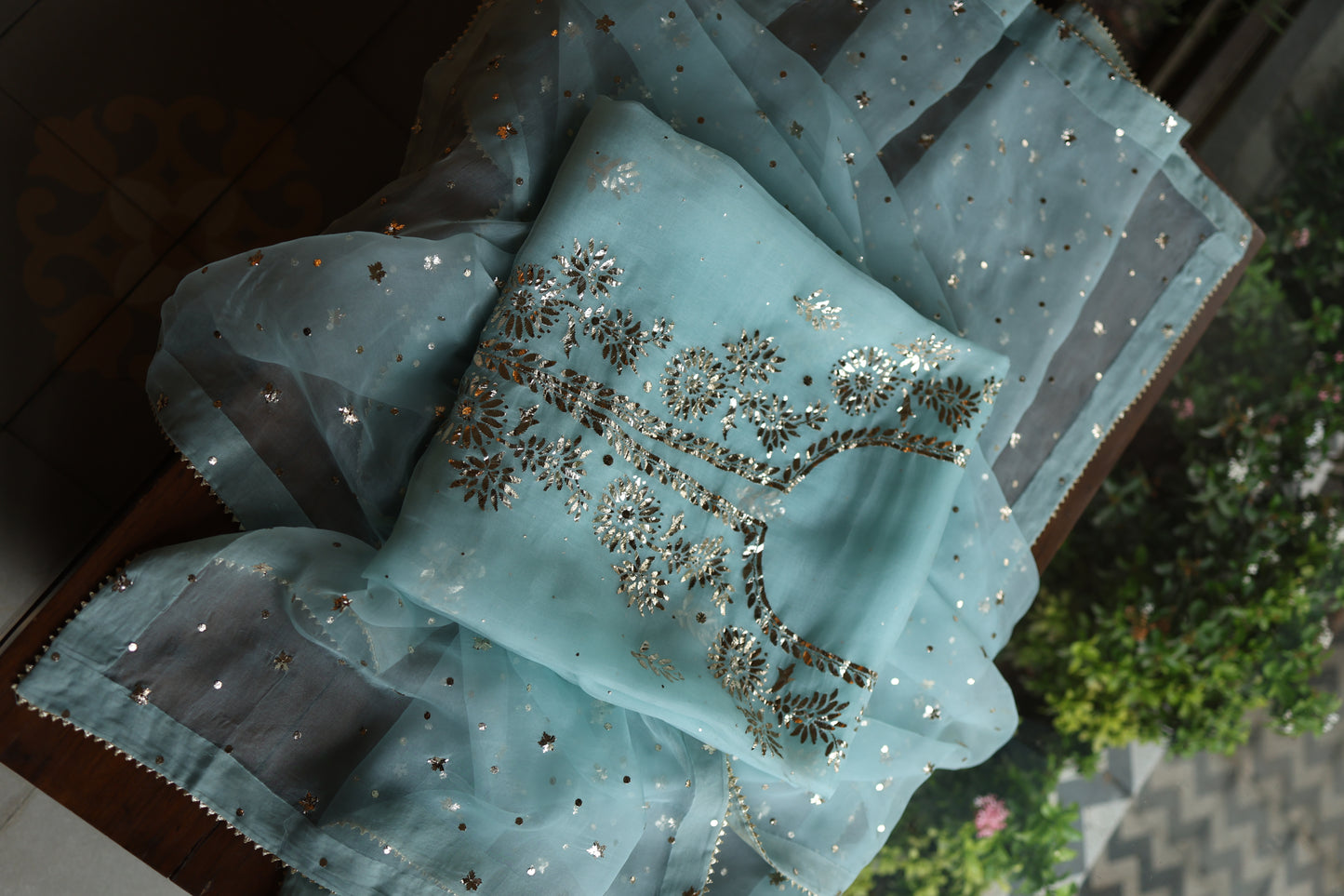 Light Blue Shade Noor Organza Silk Badla Unstitched Kurta Dupatta Set