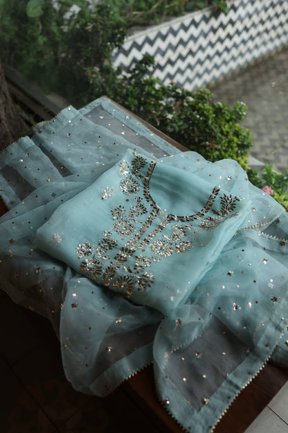 Light Blue Shade Noor Organza Silk Badla Unstitched Kurta Dupatta Set