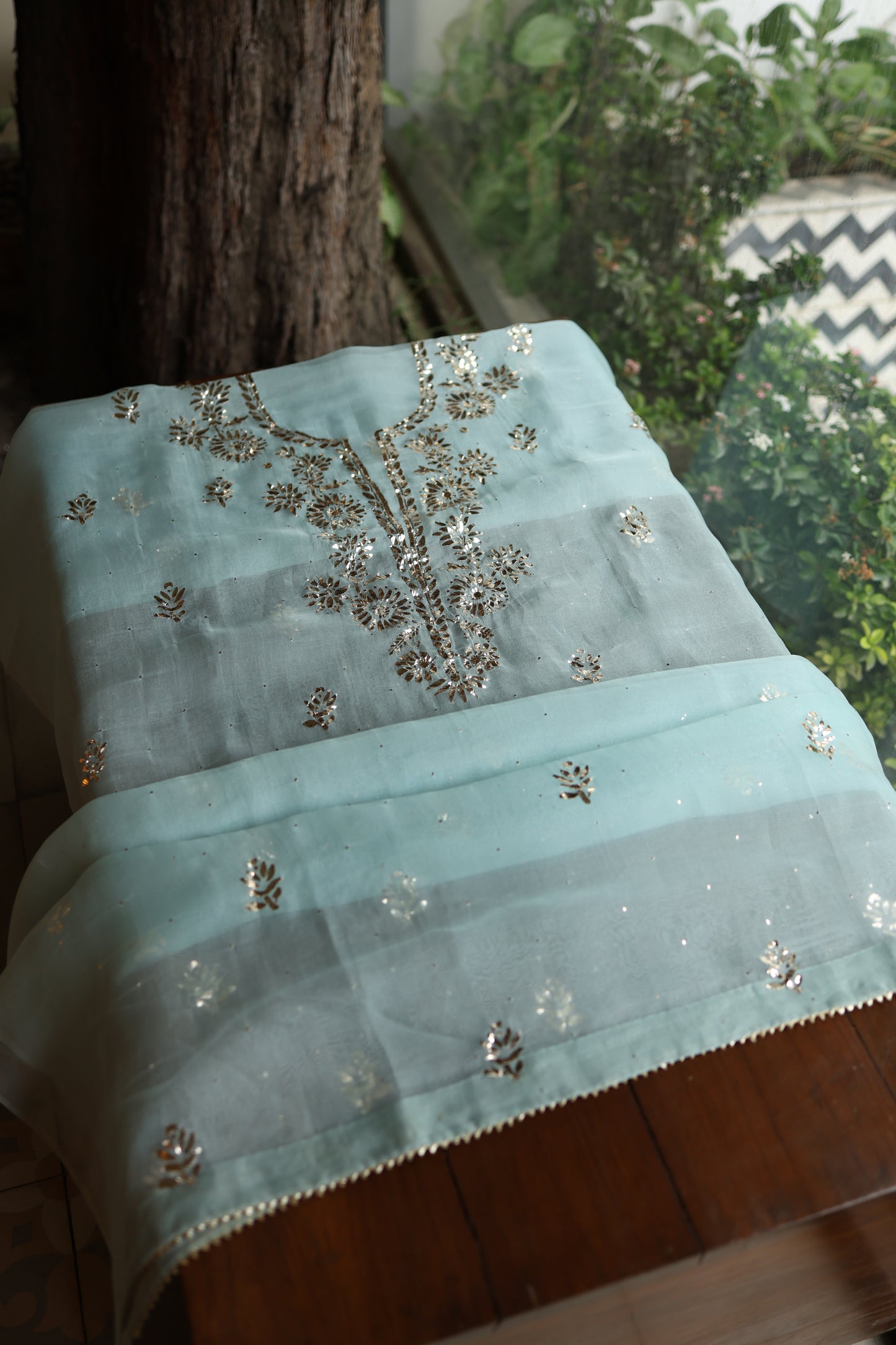Light Blue Shade Noor Organza Silk Badla Unstitched Kurta Dupatta Set