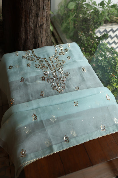 Light Blue Shade Noor Organza Silk Badla Unstitched Kurta Dupatta Set